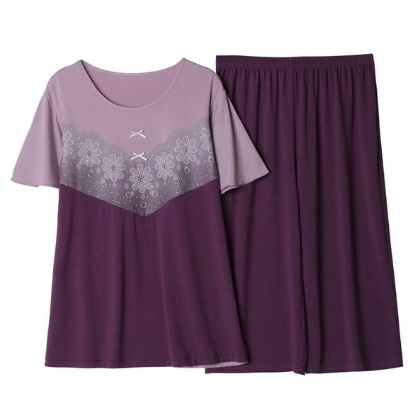 Njoeus Pajamas for Women Set, Women Pajama Sets Women's Summer Outfits Capris Pajama Set Two Piece Sets for Women Plus Size Short Sleeve Tops with Capris Pants Lounge Set Cotton Comfy Sleepwear M-4Xl