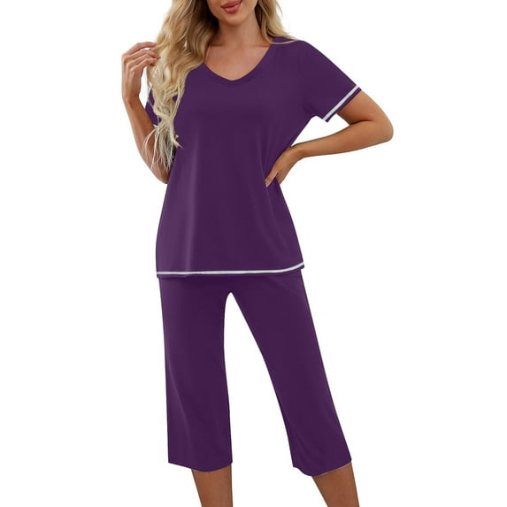 Njoeus Pajamas Women V Neck Short Sleeve Tops and Capris Pants Pjs Set Women's 2 Piece Lounge Outfits Comfy Soft Sleepwear Nightwear
