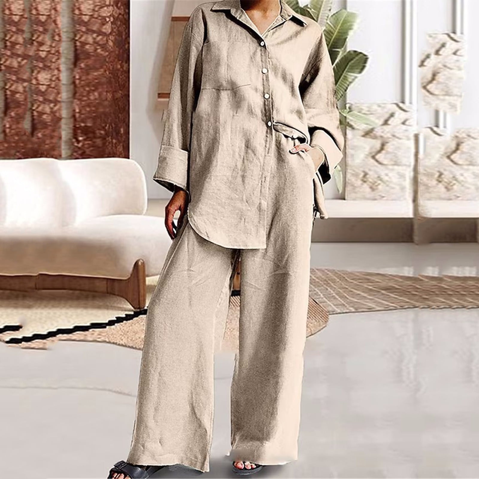 Women's Plain Long sleeve Loungewear Oversize Pajama Set