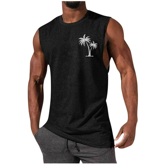 Njoeus Palm Tree Graphic Tees Men's Workout Tank Tops, Big & Tall Shirts for Men Beach Summer Sleeveless Tanks Top Casual T-Shirt S-4XL