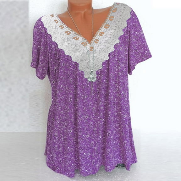 Njoeus Plus Size Tops for Women Ladies Summer Tops Women's Summer Floral Print Boho Tops Short Sleeve V-Neck Lace Tops for Women Dressy Casual Flowy Loose Tunics Blouses Trendy S-5Xl （Available in Plu