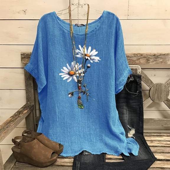 Njoeus Plus Size Tops for Women Shirts for Women Linen Shirts for Women, Women's Fashion Print Tees Casual Crew Neck Raglan Short Sleeve Loose T Shirt Cotton Linen Tops Blouses Business Casual Tops Fo