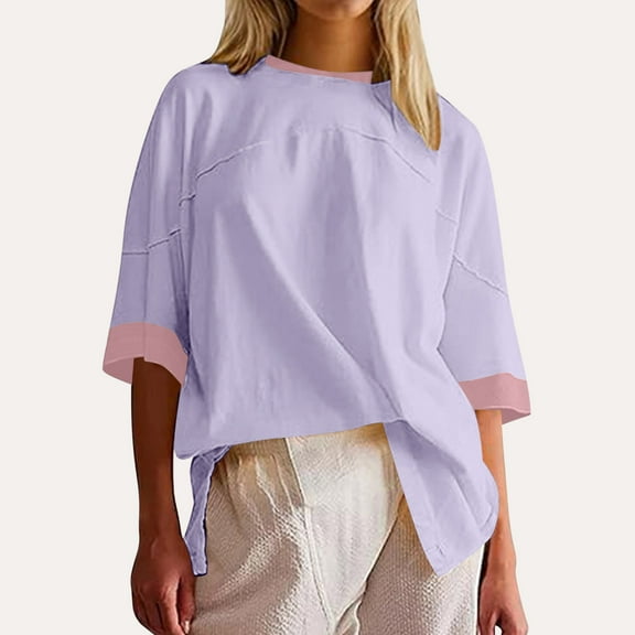 Njoeus Plus Size Tops for Women White Blouses for Women Dressy Women Oversized Color Block Short Sleeve T Shirt Crewneck Patchwork Split Hem Shirt Casual Loose Summer Tee Top Women Shirts On Sale Summ