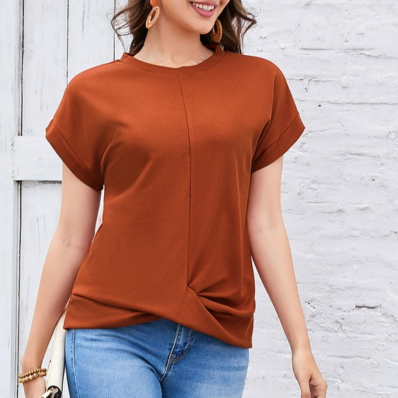 Njoeus Plus Size Tops for Women White Blouses for Women Dressy Women's Short Sleeve Round Neck T Shirt Front Twisted Tunic Tops Casual Loose Fitted Comfy Blouse S-Xxl Work Office Clothes Women On Clea