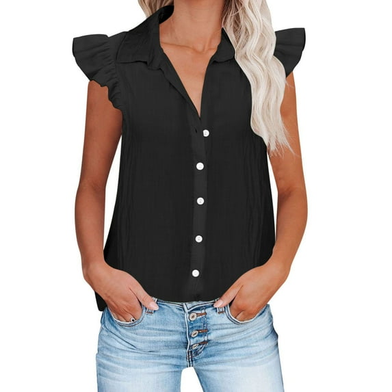 Njoeus Plus Size Tops for Women Womens Tops Dressy Casual Women's Summer Button Up Linen Shirts 2025 Casual Blouse Fashion Ruffle Sleeve Button Shirt Up To 60% Off On Clearance