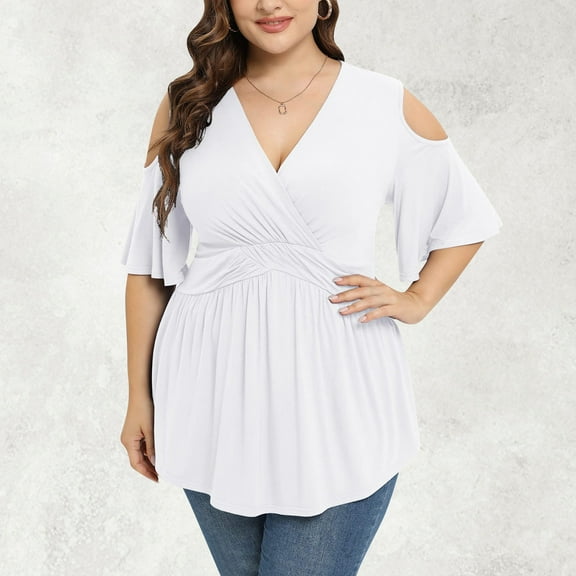 Njoeus Plus Size Tops for Women, Women's Summer Floral Cold Shoulder Tunic Tops Dressy Blouses Short Sleeve Tunics Casual V-Neck T-Shirts XL-5XL