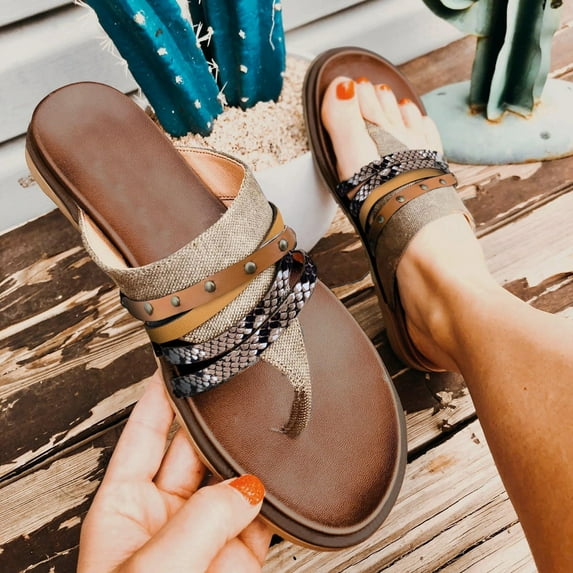 Njoeus Sandals Women Flip Flops Clip Toe Beach Sandals Vintage Strappy Casual Walking Sandals Flat Sandals