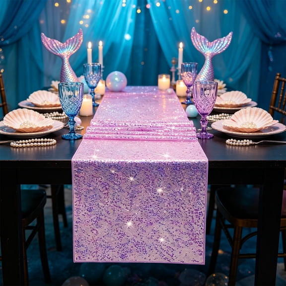 Njoeus Sequin Table Runner, Holographic Table Runner, Sparkly Party Decor, Brings Sheer Glitter Mesh Shine for Birthday Shower Wedding and Table Settings in Purple