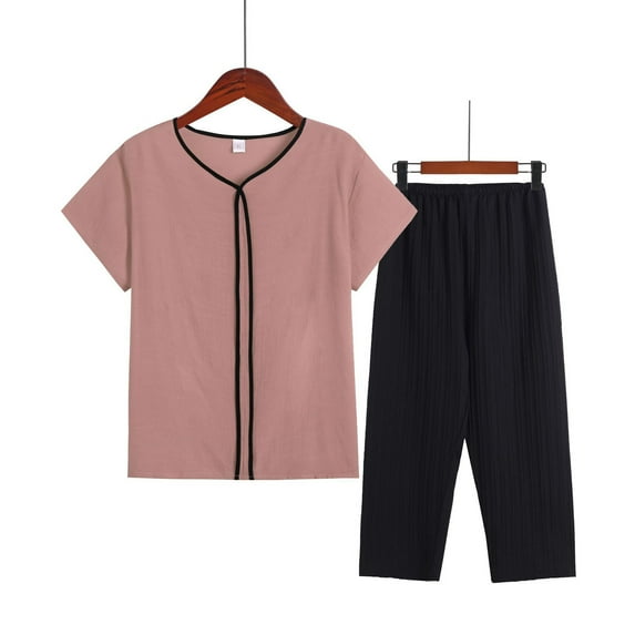Njoeus Sexy Pajama Set for Women, Pajama Pants Women Women's Capris Pajama Set Summer Two Piece Outfits Short Sleeve Tops Solid Color Capris Pants Sleep Lounge Set - Imitation Cotton Linen 2 Piece Set