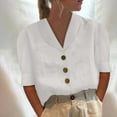 thumbnail image 1 of Njoeus Shirt for Women, Oversized Tshirts for Women Womens 3/4 Sleeve Basic Button Up Shirt Loose Cotton Linen Shirts Casual V-Neck Tops Comfy Blouses S-XXL, 1 of 6