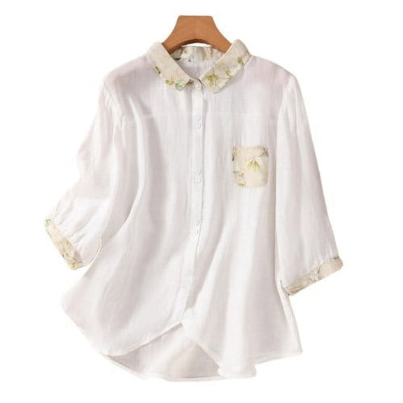 Njoeus Shirts for Girls Basic Tees for Women Linen Shirts for Women, Women's Fashion Cotton Linen Flower Printing Single Pocket Short Sleeve Round Neck Button Short Sleeve Top Tee Shirts for Women Plu