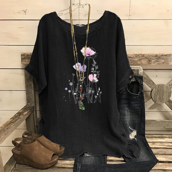 Njoeus Shirts for Girls Blouses for Women Linen Shirts for Women, Women's Fashion Print Tees Casual Crew Neck Raglan Short Sleeve Loose T Shirt Cotton Linen Tops Blouses Tee Shirts for Women Plus Size