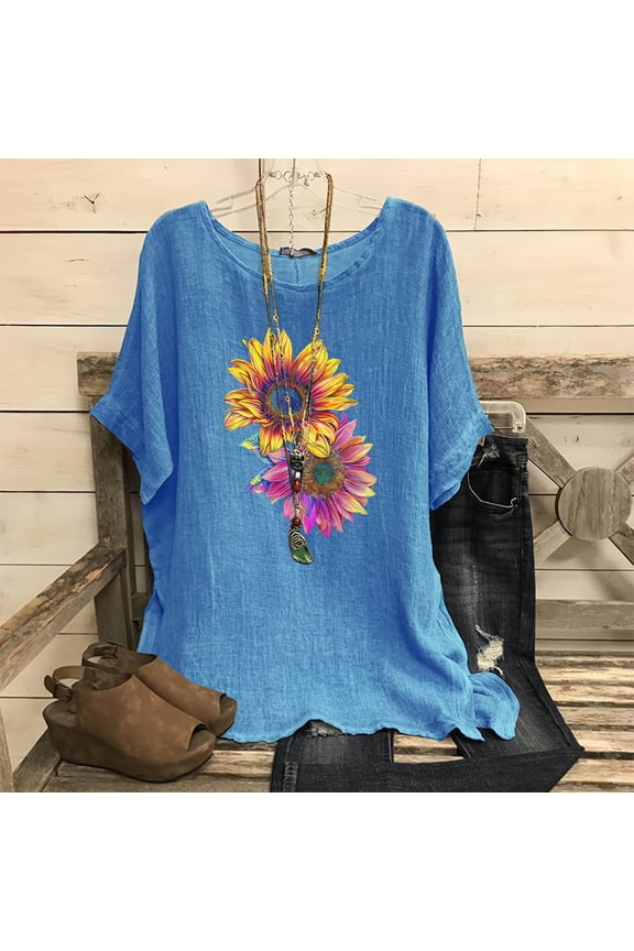 Shirts for Girls Cute Summer Tops for Women Linen Shirts for Women, Women's Fashion Print Tees Casual Crew Neck Raglan Short Sleeve Loose T Shirt Cotton Linen Tops Blouses Blouses & Tunics On C