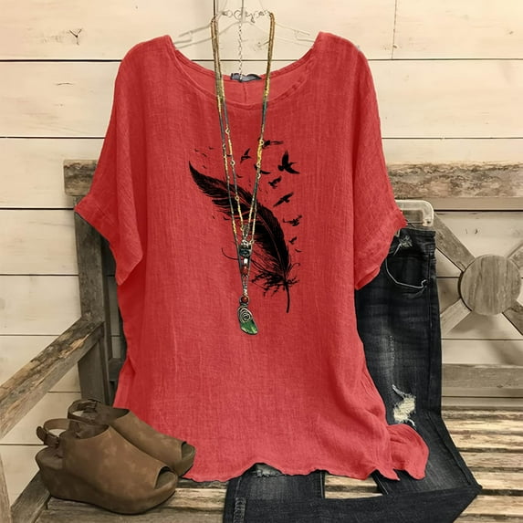 Njoeus Shirts for Girls Graphic Tees for Women Linen Shirts for Women, Women's Fashion Print Tees Casual Crew Neck Raglan Short Sleeve Loose T Shirt Cotton Linen Tops Blouses Womens Blouses On Clearan