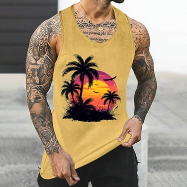 Njoeus Shirts for Men, T Shirts for Man Men's Tank Palm Tree Print Hawaiian T-Shirt Graphic Tee Shirts Sleeveless Shirt for Men Casual Sports Tank Blouses Mens White Tee Shirts On Clearance