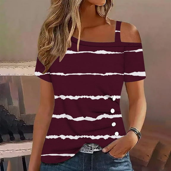 Njoeus Short Sleeve Shirts for Women, Black T Shirts women's Casual Off Shoulder Shirts Summer Striped Loose Short Sleeve Tunic Tops Side Button Blouse T-Shirt S-XXL