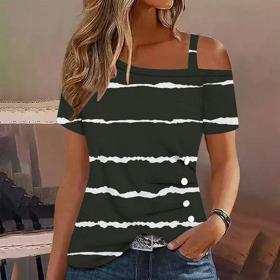 Njoeus Short Sleeve Shirts for Women, Blouses for Women Dressy Casual women's Casual Off Shoulder Shirts Summer Striped Loose Short Sleeve Tunic Tops Side Button Blouse T-Shirt S-XXL