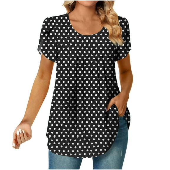 Njoeus Short Sleeve Shirts for Women, Tunic Shirts for Women Womens Round Neck Short Sleeve Tunics Shirt Floral Pleated Dressy Blouses Casual Loose Fitting Summer Tops S-XXL