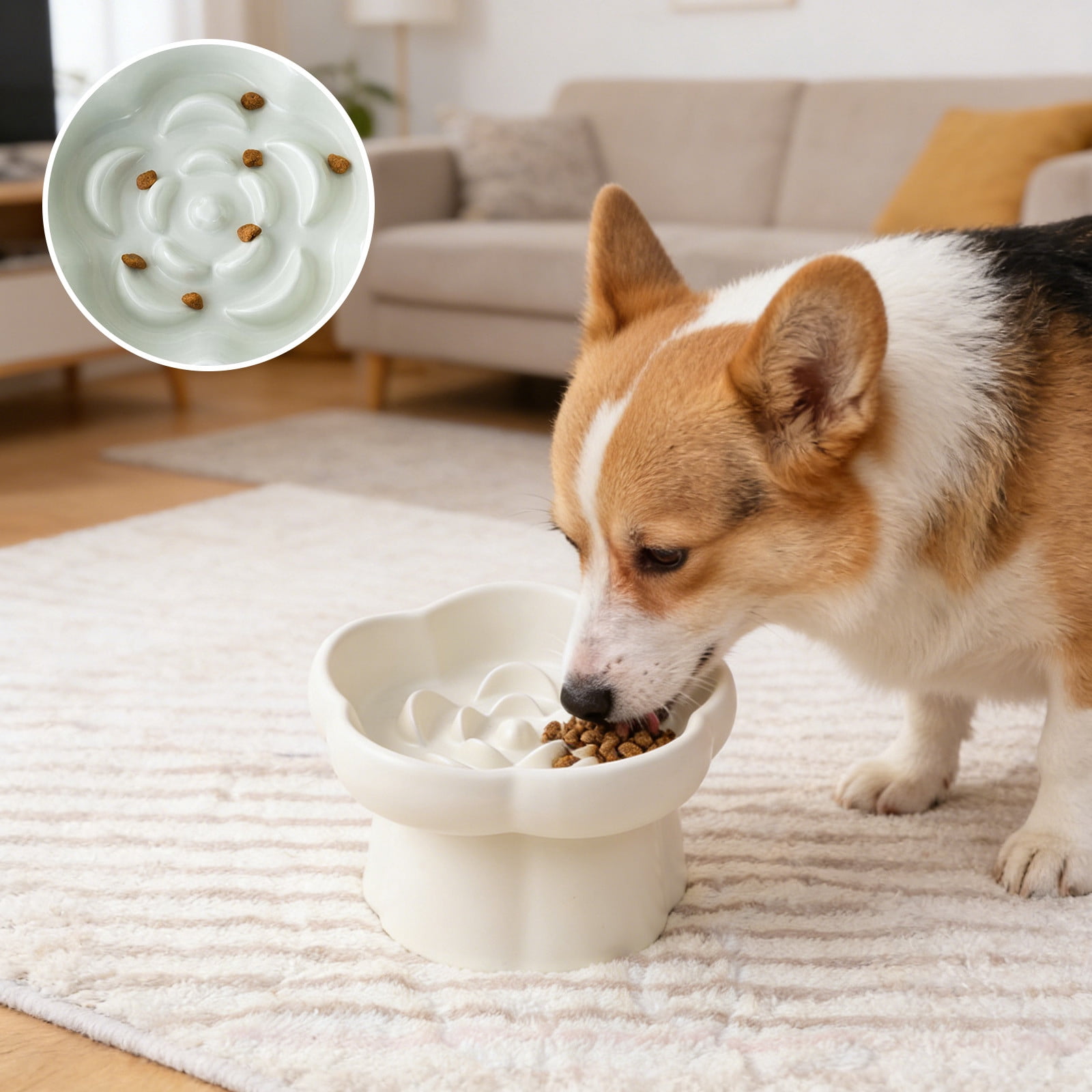 Njoeus Slow Feed Ceramic Cat Dog Bowl Raised Non Slip Anti Choke Anti Spill Neck Protection Slant Design From Gulp to Sip One Bowl Protects Neck and Slows Eating