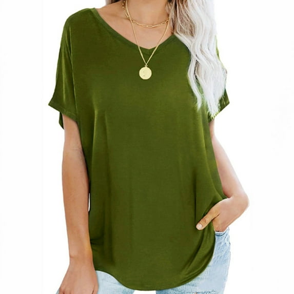 Njoeus Spring Tops for Women 2024, Womens Tops V Neck T Shirts Casual Short Sleeve Basic Tunic Top Ladies Loose Fitting Summer Tops Comfy Blouses Solid Color S-XXL