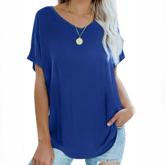 Njoeus Spring Tops for Women 2024, Womens Tops V Neck T Shirts Casual Short Sleeve Basic Tunic Top Ladies Loose Fitting Summer Tops Comfy Blouses Solid Color S-XXL