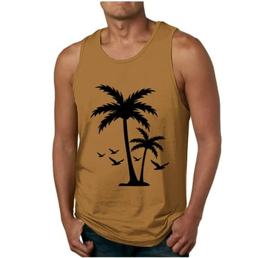 Njoeus Summer Beach Tank Tops for Men - Palm Tree Graphic Sleeveless Tees - Mens Gym Workout Running Muscle Shirts S-2X Yellow Summer Savings