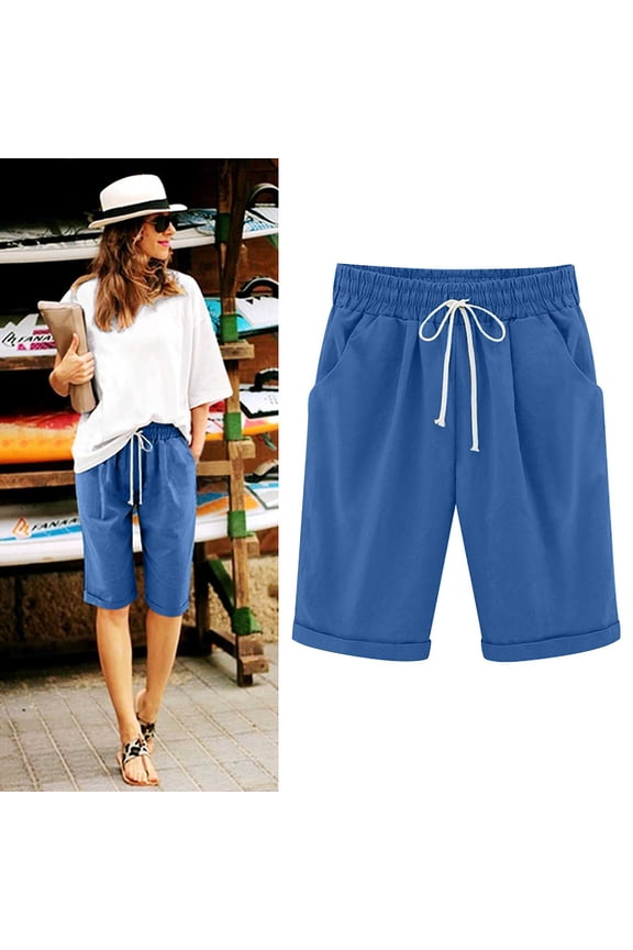 Summer Bermuda Shorts for Women Trendy, Womens Knee Length Lounge Shorts Casual High Waist Workout Athletic Long Shorts Drawstring Women's Plus Size Shorts S-5XL