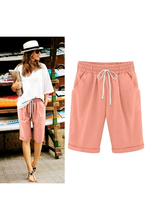Summer Bermuda Shorts for Women Trendy, Womens Knee Length Lounge Shorts Casual High Waist Workout Athletic Long Shorts Drawstring Women's Plus Size Shorts S-5XL