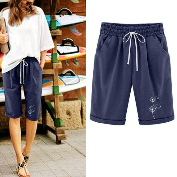 Njoeus Summer Bermuda Shorts for Women Trendy, Womens Knee Length Lounge Shorts Casual High Waist Workout Athletic Long Shorts Drawstring Women's Shorts