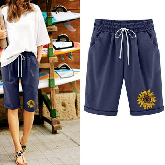 Njoeus Summer Bermuda Shorts for Women Trendy, Womens Knee Length Lounge Shorts Casual High Waist Workout Athletic Long Shorts Drawstring Women's Shorts