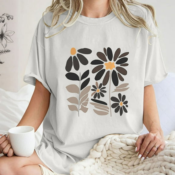Njoeus Summer Outfits for Women Shirts for Women Womens Cute Floral Printed T-Shirt Workout Shirts Summer Funny Flowers Graphic Tees for Women Girls Casual Tops Athletic Tee Vacation Outfits for Women