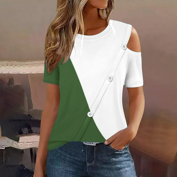 Njoeus Summer Outfits for Women Y2K Tops Women's 2024 Summer Casual And Comfortable Patchwork Color Cold Shoulder Button Splicing Short-Sleeved Round Neck Top/Shirt Business Casual Outfits for Women S