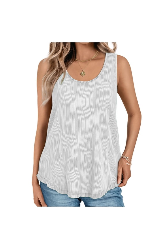 Summer Sleeveless Tank Top For Women Trendy Casual Crew Neck Wave Textured Cami Loose Flowy Going Out Vest Blouse