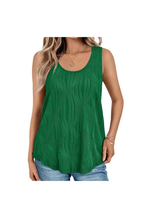 Summer Sleeveless Tank Top For Women Trendy Casual Crew Neck Wave Textured Cami Loose Flowy Going Out Vest Blouse