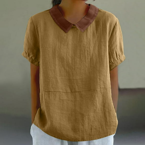 Njoeus Summer Tops Basic Tees for Women Linen Shirts for Women, Women's Loose Solid Color Casual Oversized Cotton Linen Short Sleeve Patchwork Lapel Shirt Top Sexy Tops for Women On Clearance