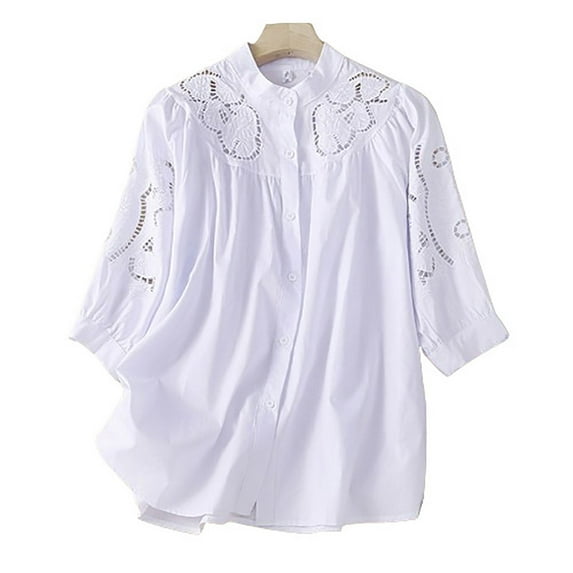 Njoeus Summer Tops Blouses for Women Linen Shirts for Women, Women's Cotton Linen Hollowed Out Embroidery 3/4 Sleeve Round Neck Button Short Sleeve Top White Blouses for Women On Clearance