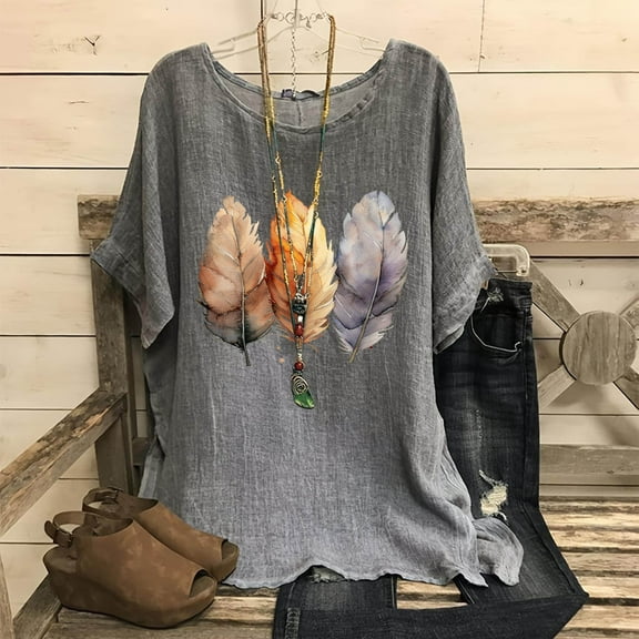 Njoeus Summer Tops Graphic Tees for Women Linen Shirts for Women, Women's Fashion Print Tees Casual Crew Neck Raglan Short Sleeve Loose T Shirt Cotton Linen Tops Blouses Business Casual Tops for Women