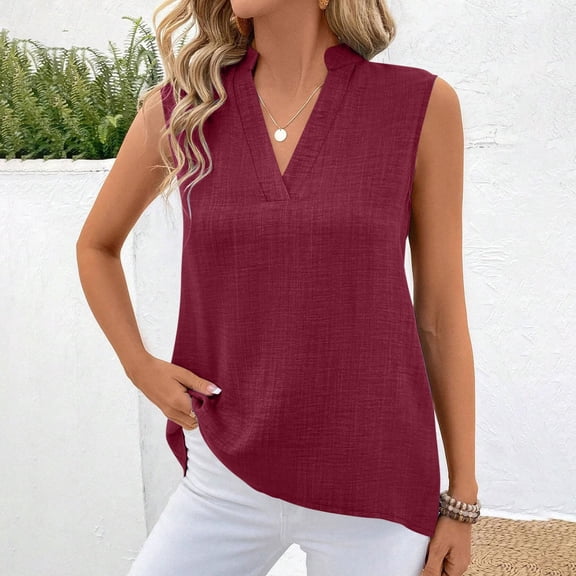 Njoeus Summer Tops for Women 2024 Cute Summer Tops for Women Linen Shirts for Women, Women's Plain V-Neck T-Shirt Sleeveless Cotton Top Trendy Blouse for Work Casual Plus Size Tank Tops for Women On C