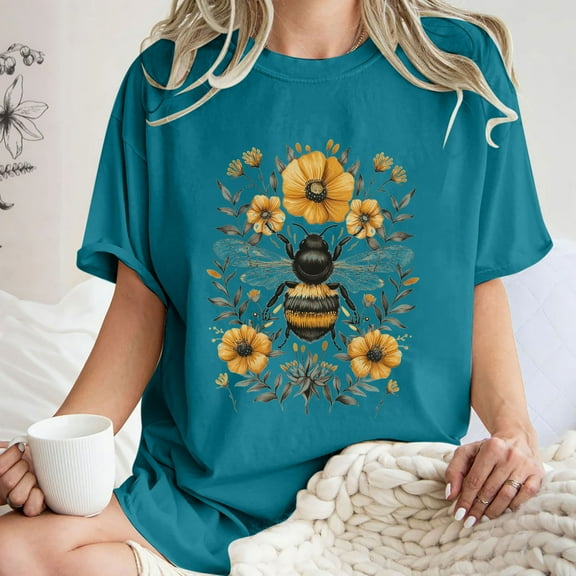 Aueoeo Summer Tops Women 2024 Cute Summer Tops Women Women's Summer Floral T Shirt Cute Bee Graphic Tee Loose Crew Neck Tees Short Sleeve Casual Tops Flowers Print Blouse S-Xxl Womens Summer O