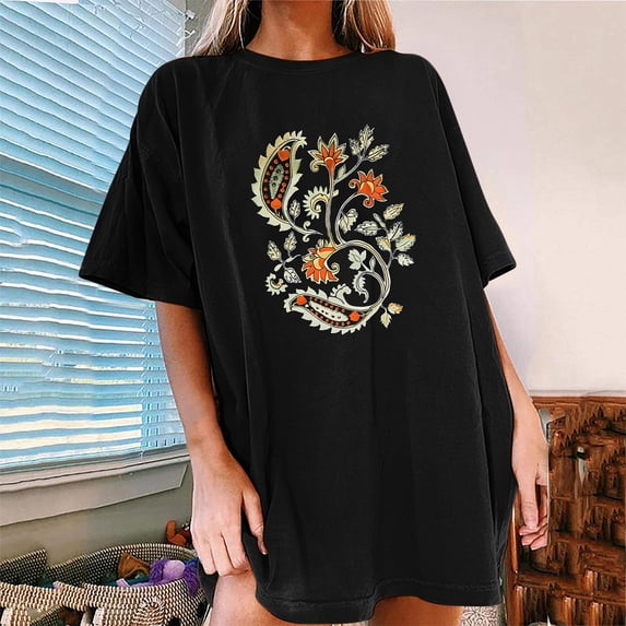 Njoeus Summer Tops for Women 2024 Oversized Tshirts for Women Flower Graphic Shirt for Women Cute Floral Printed Short Sleeve Summer Tops Ladies Vintage Tees Teen Girls Casual T Shirt S-Xxl Womens Sum