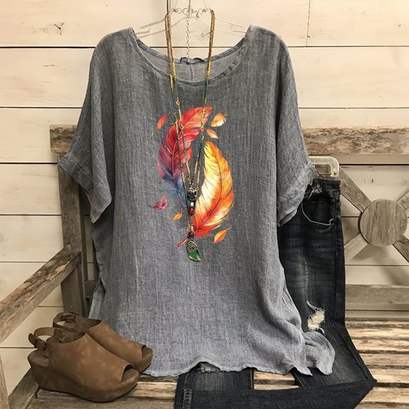 Njoeus Summer Tops for Women 2024 Tops for Women Trendy Linen Shirts for Women, Women's Fashion Print Tees Casual Crew Neck Raglan Short Sleeve Loose T Shirt Cotton Linen Tops Blouses Blouses & Tunics