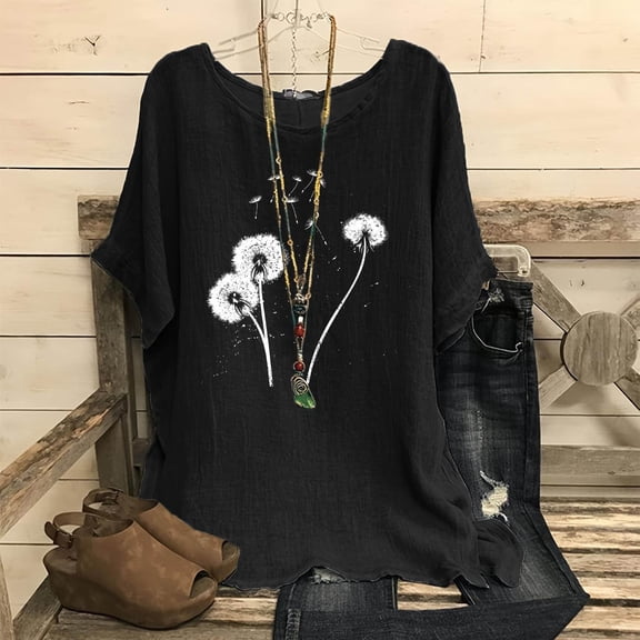 Njoeus Summer Tops for Women 2024 Tops for Women Trendy Linen Shirts for Women, Women's Fashion Print Tees Casual Crew Neck Raglan Short Sleeve Loose T Shirt Cotton Linen Tops Blouses Sexy Tops for Wo