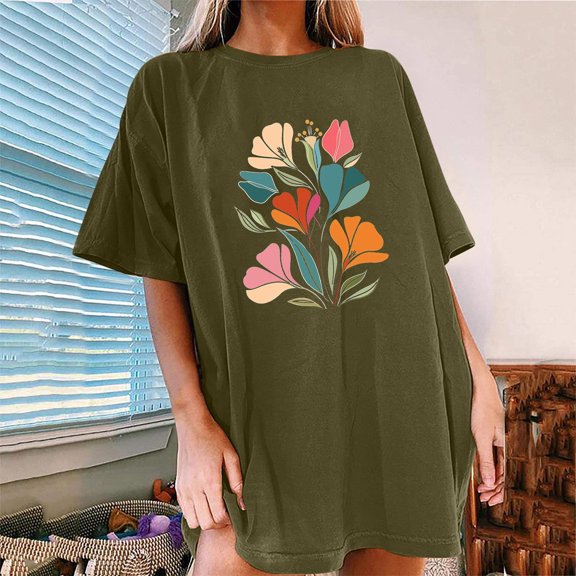 Njoeus Summer Tops for Women 2024 Tshirts Shirts for Women Womens Casual Oversized T-Shirt Trendy Cute Floral Tops Summer Workout Shirts Loose Funny Flowers Graphic Tees for Women Teen Girls Short Sle
