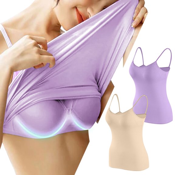 Njoeus Summer Tops for Women 2025 Boho Tops for Women 2 Pack Camisole Tops for Women Shelf Bra Comfy Spaghetti Strap Tank Top with Built in Bras Basic Cami Undershirt Blouse Plus Size Women On Clearan