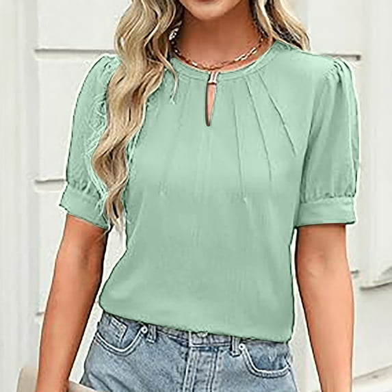 Njoeus Summer Tops for Women 2025 White Blouses for Women Dressy Womens Casual Tops Keyhole Blouses Pleated Puff Sleeve Summer Solid Color Short Sleeves Top 2025 White Shirt Women On Clearance