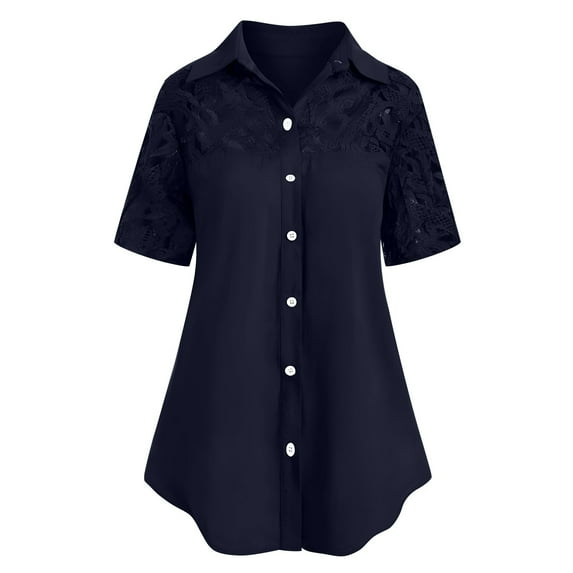 Njoeus Summer Tops for Women 2025 Womens Tops Dressy Casual Women's Buttons Down Dress Shirts Short Sleeve Lace Patchwork Flowy Tunic Tops Business Casual Work Office Blouses Shirts Wedding Dressy Shi