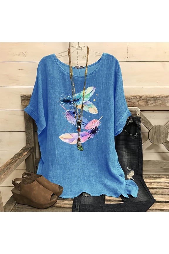 Summer Tops Womens T Shirts Linen Shirts for Women, Women's Fashion Print Tees Casual Crew Neck Raglan Short Sleeve Loose T Shirt Cotton Linen Tops Blouses Business Casual Tops for Women On Cle