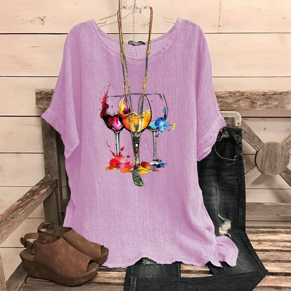 Njoeus Summer Tops Womens T Shirts Linen Shirts for Women, Women's Fashion Print Tees Casual Crew Neck Raglan Short Sleeve Loose T Shirt Cotton Linen Tops Blouses Tee Shirts for Women Plus Size On Cle