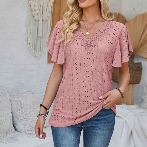 Njoeus Summer Tops for Women Ruffle Short Sleeve T Shirts Floral V-Neck Top Loose Fitting Eyelet Blouse Trendy S-XXL