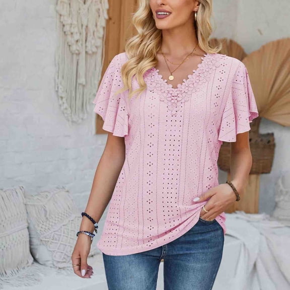 Njoeus Summer Tops for Women Ruffle Short Sleeve T Shirts Floral V-Neck Top Loose Fitting Eyelet Blouse Trendy S-XXL